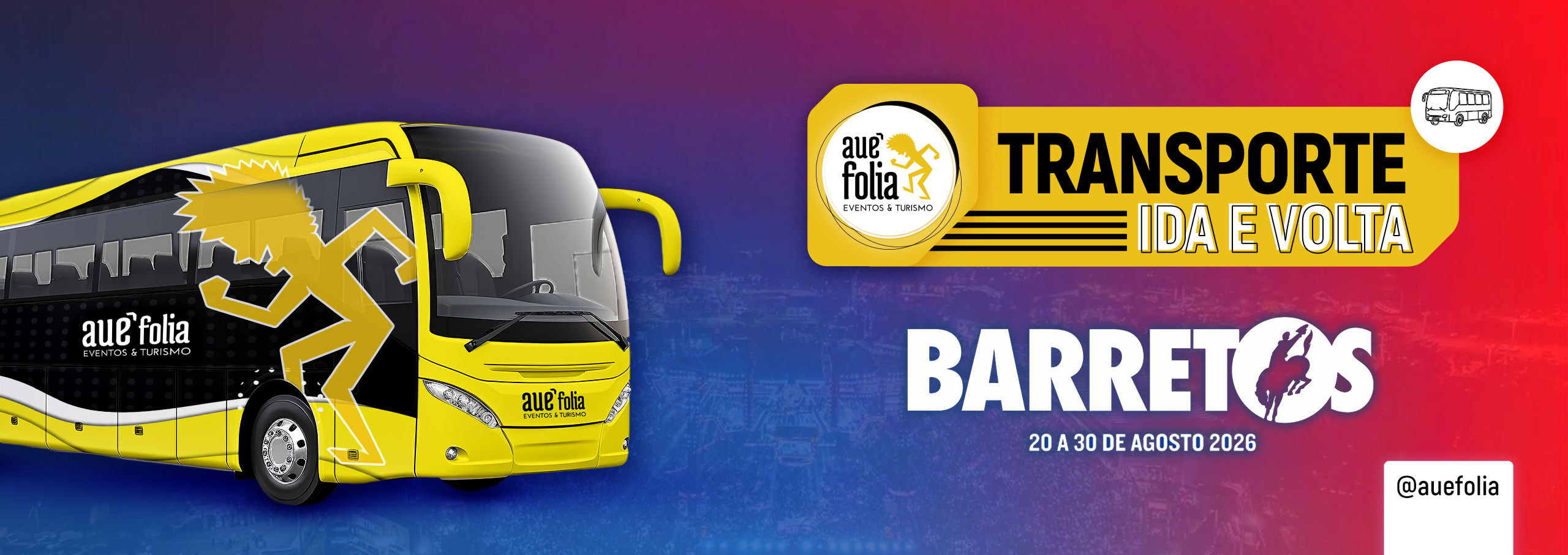 Ônibus executivo de luxo da Auê Folia para o Rodeio de Barretos 2026 com passageiros animados