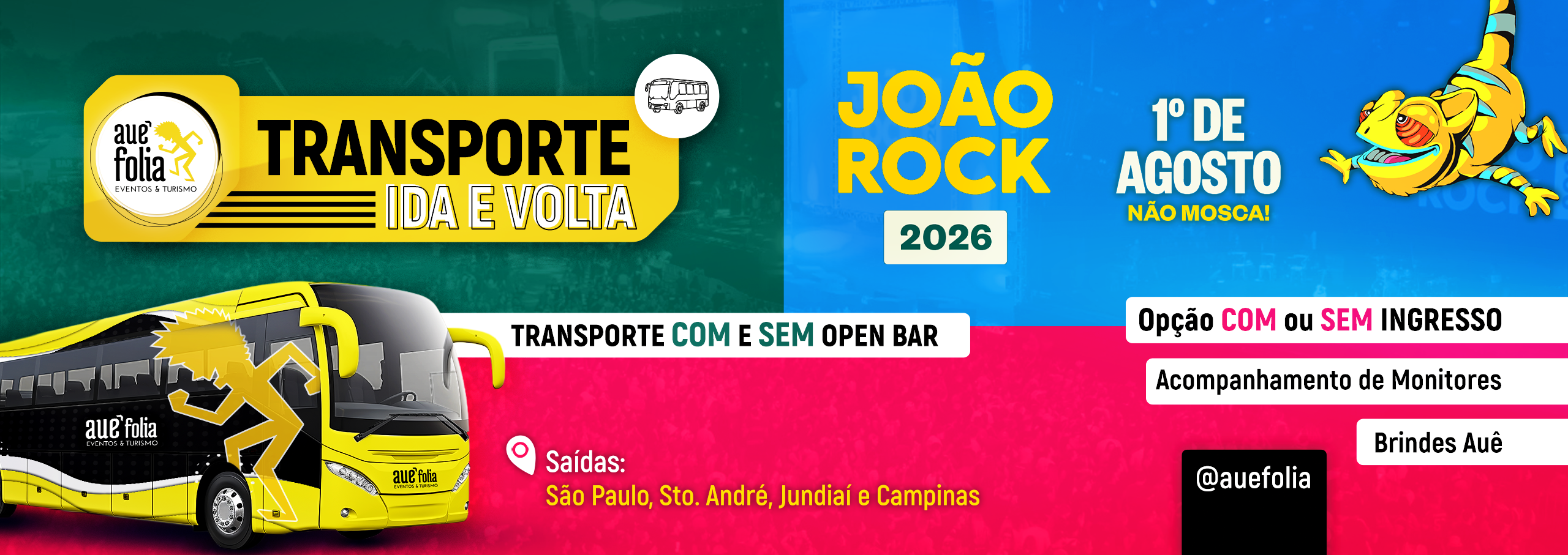 Excursão João Rock 2026 com open bar e transporte saindo de São Paulo, Campinas e região.
