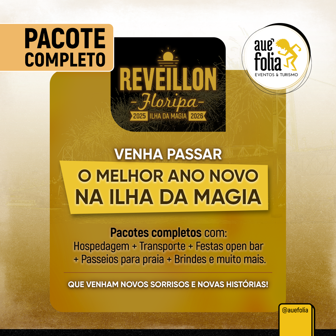 Flyer promocional do pacote de Réveillon 2025 em Florianópolis com festas na P12 Jurerê, hospedagem no Hotel Cambirela e Mercure Convention, transporte incluso e open bar