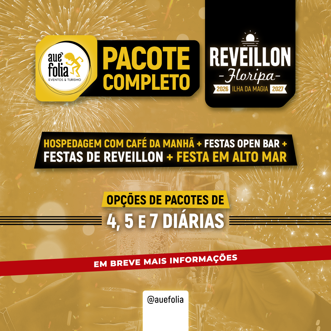Lista de benefícios do pacote de Réveillon em Florianópolis com hospedagem, open bar, festas em Jurerê, passeios nas praias e transporte incluso.