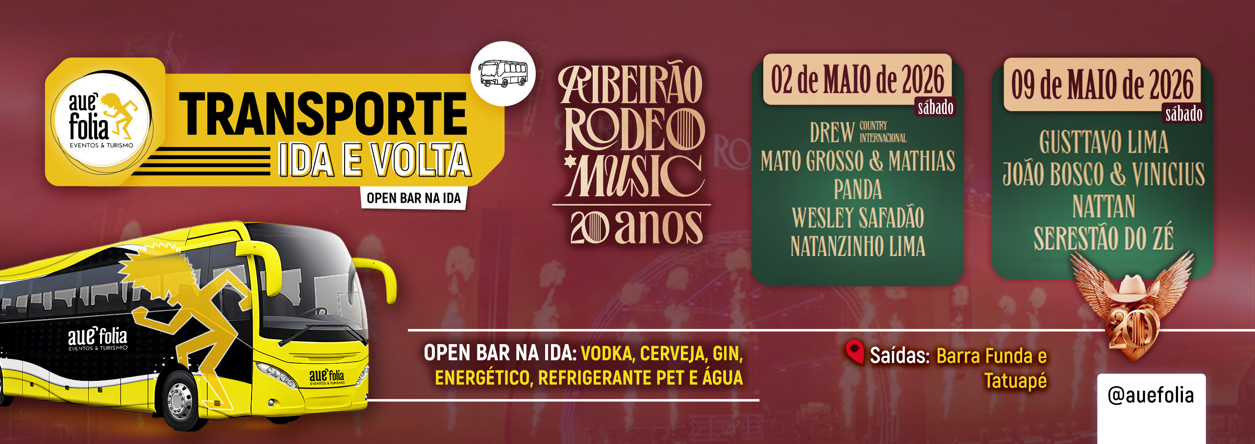 Excursão bate e volta para Ribeirão Rodeo Music 2026 com transporte open bar saindo de São Paulo, Campinas e Jundiaí