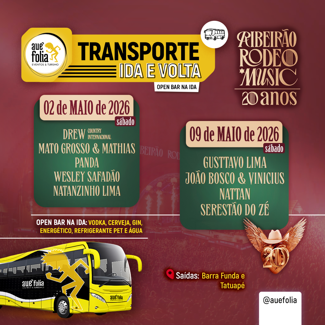 Excursão bate e volta para Ribeirão Rodeo Music 2026 com transporte open bar saindo de São Paulo, Campinas e Jundiaí